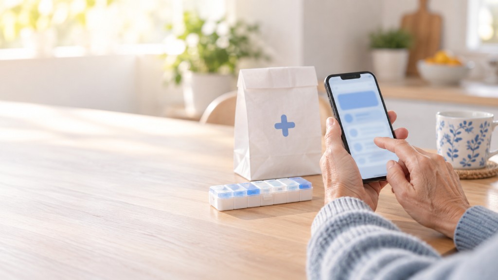 Ordering NHS repeat prescriptions on a phone next to a pharmacy bag and pill organiser