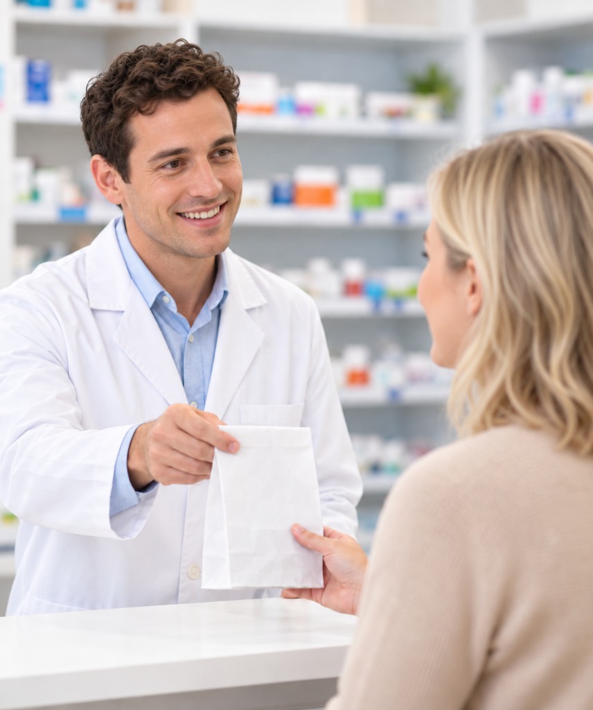 Pharmacist handing a prescription to a patient at Castlenau Pharmacy