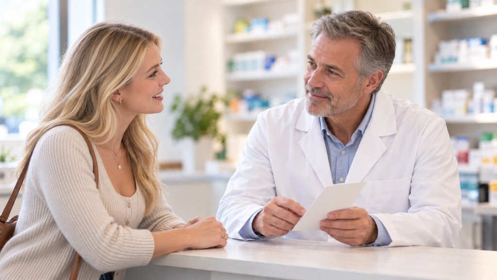 Pharmacist speaking with a patient at the counter of Castlenau Pharmacy